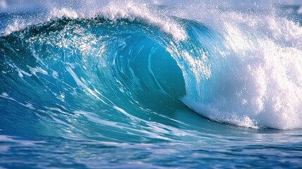 Obraz premium stunning ocean wave crashing with vibrant turquoise colors, showcasing beauty of nature power and tranquility. sunlight reflects off water, creating mesmerizing scene