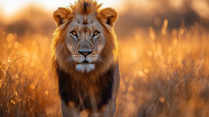 A majestic lion stands in the golden glow of sunset among tall grasses, emanating power and grace...