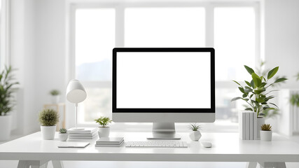 Fototapeta premium Computer with blank white copy space for text, Mockup design desktop computer in office on white table.