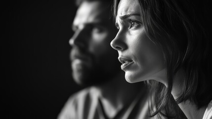 Worried couple watches television in a dimly lit room at night, absorbing shocking news with expressions of concern and fear, illuminated by the flickering light of the screen