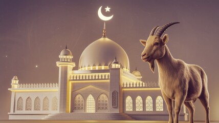 The mosque during the Eid al-Adha holiday. A crescent moon is depicted on the roof of the mosque. There is a brown goat next to the mosque, symbolizing the sacrifice associated with the holiday.