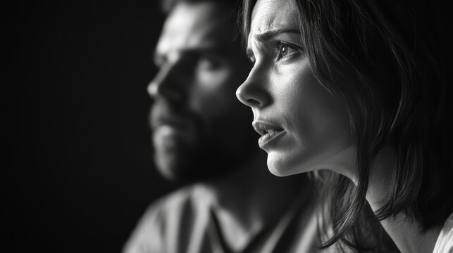 Worried couple watches television in a dimly lit room at night, absorbing shocking news with expressions of concern and fear, illuminated by the flickering light of the screen