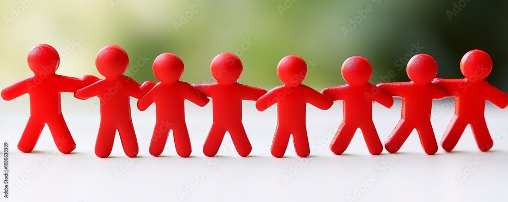 Poster Red figurines holding hands in a row, symbolizing teamwork and unity