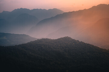Mountains from above, mountains overlapping with morning fog