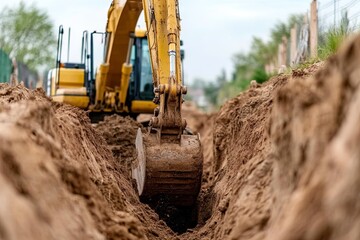 Excavator Digging a Trench on a Construction Site During the Day With Clear Skies and Surrounding Trees