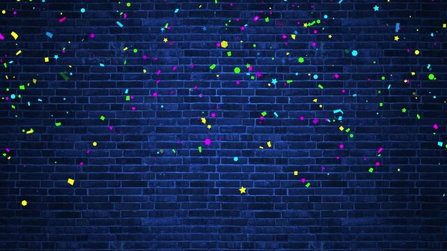 neon confetti rain on brick wall background animation ,colorful confetti falling, party and celebration motion design element
