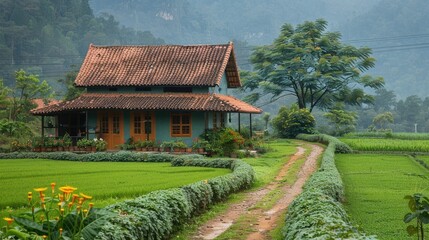 Fototapeta premium A Rustic House in a Verdant Landscape with a Winding Path
