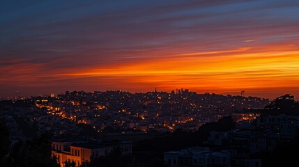 A vibrant orange and blue sunset over a city skyline, casting a warm glow on the buildings below.