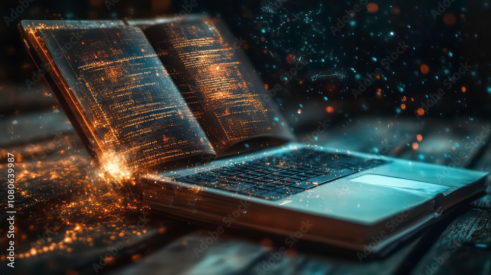 Poster magical abstract book and open laptop on wooden table, surreal digital data flow, nighttime ambient 
