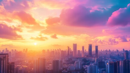 A vibrant sunset paints the sky over a modern city skyline, casting a warm glow over the buildings.