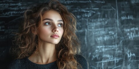 A thoughtful young woman stands in front of a chalkboard filled with complex equations, exuding an air of contemplation and intelligence in an educational setting