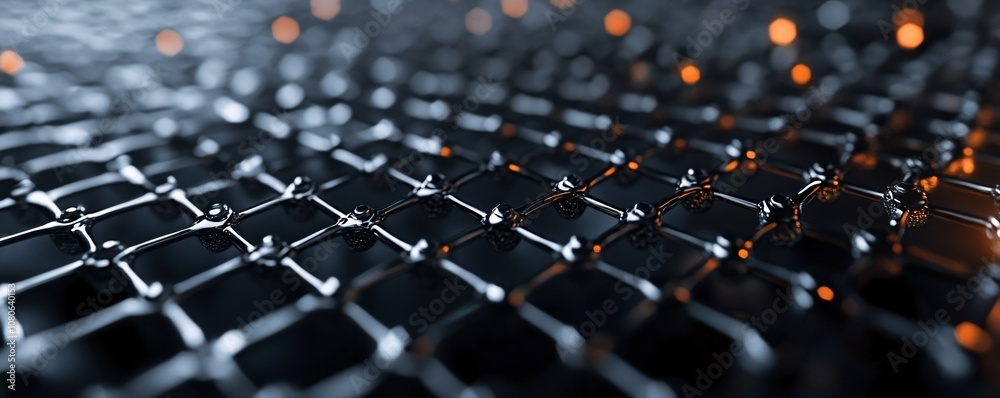 Aufkleber abstract metallic grid structure reflecting orange lights: futuristic technology background