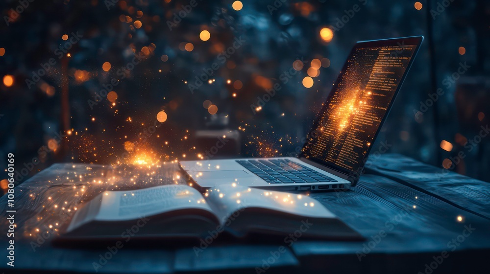 Aufkleber a laptop and an open book are on a wooden table with magic glowing around them.