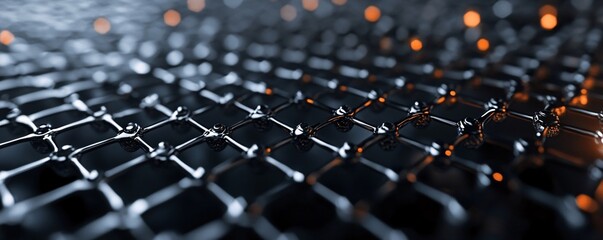 Fototapeta premium Abstract metallic grid structure reflecting orange lights: futuristic technology background