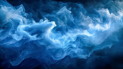 Ethereal swirling blue and white smoke in dark atmospheric background