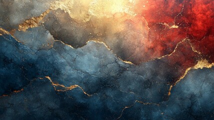 A textured abstract background featuring cracked patterns in hues of blue, gold, and red.