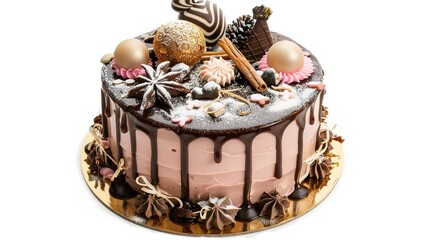 A Beautiful Cake with Delightful Christmas Decorations, Standing Isolated on a Pristine White Background. A Festive and Tempting Treat in a Simple Setting.