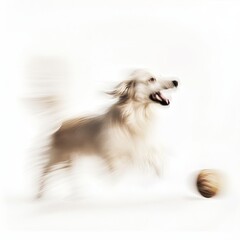 Fototapeta premium Blurred image of a golden retriever playing with a ball, showcasing energy and motion on a white background.