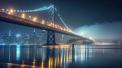 Naklejka premium San francisco skyline with bay bridge glowing at night