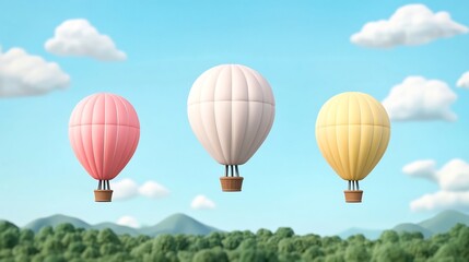 Naklejka premium Vibrant Hot Air Balloons Soaring Over Picturesque Landscape in Summer Adventure