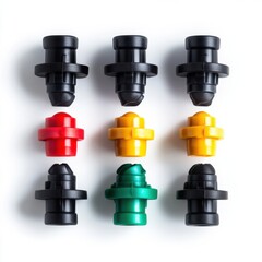 Colorful water sprinkler emitters for drip irrigation system on white background