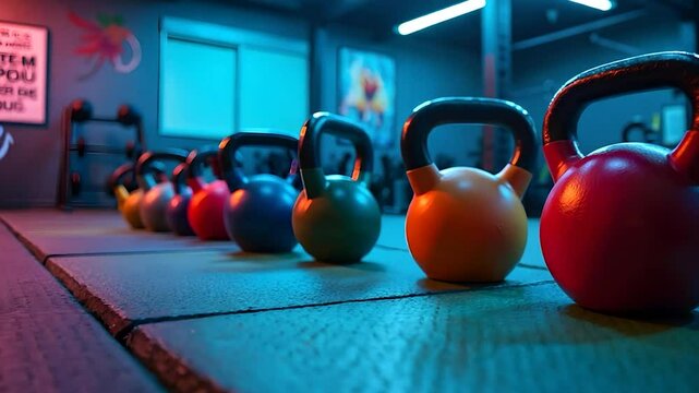 Row of Colorful Kettlebells in a Modern Fitness Studio