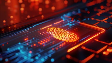 Digital fingerprint on futuristic electronic interface with neon lights