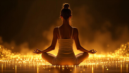 woman doing yoga in the lotus pose in energy space