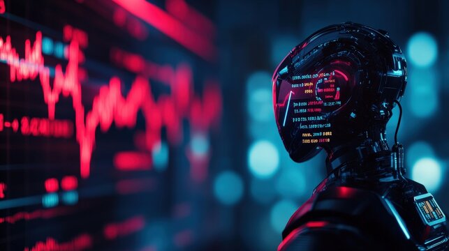 Futuristic robot analyzes glowing red data charts, representing advanced AI technology and innovation in digital analytics.