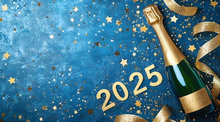 Festive New Year Celebration Banner with Champagne, Stars, and Glittering Gold Elements for a Joyful 2025 Welcome