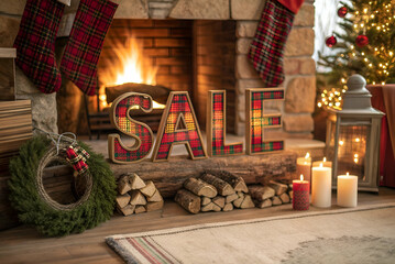 christmas sale A cozy holiday scene featuring a fireplace, decorative SALE sign, candles, and festive decor, creating a warm atmosphere for seasonal shopping.