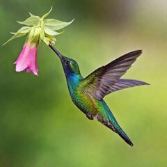 Fototapeta premium colibri flying near a flower, masterpiece, dynamic pose, side view, forest background, natural light, hr, photorealistic, wildlife photography, hyper realistic, hyper detailed, extremely accurate, 32k