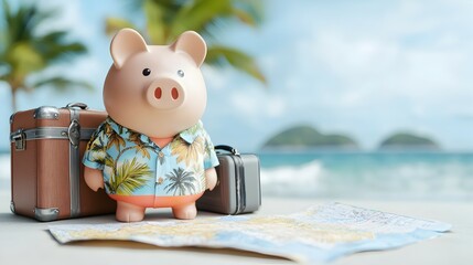 Cheerful Piggy Bank in Tropical Suit by the Beach - Travel Inspiration with Suitcase Map and Ocean Waves for Vacation Planning and Financial Goals