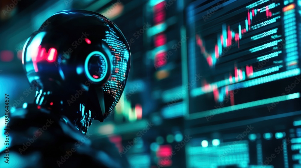 Poster futuristic robot analyzing data on digital screens, representing ai in technology.