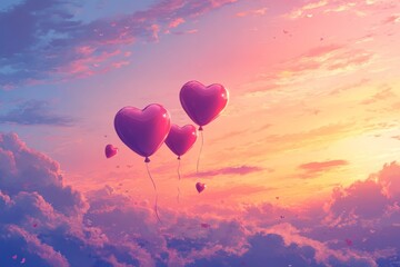 Fototapeta premium Heart Balloons in a Pink and Orange Sunset Sky