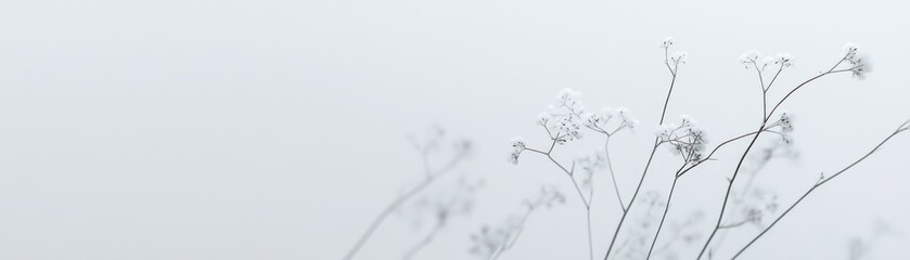 A serene winter scene featuring delicate branches with frost against a soft, misty background.