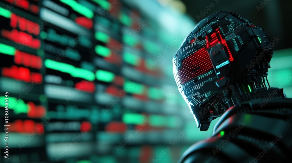 Poster futuristic robot analyzing data on multiple screens in a high-tech environment.