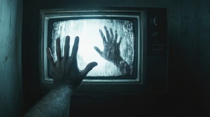 Hand Reaching Through Static Television Screen