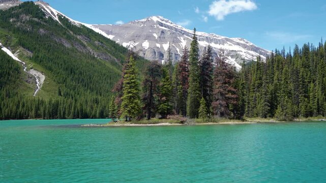 Maligne Lake Cruise to the famous Spirit Island. Jasper National Park summer scenery, snow-capped mountains and turquoise lakes. Alberta, Canada. Canadian Rockies.