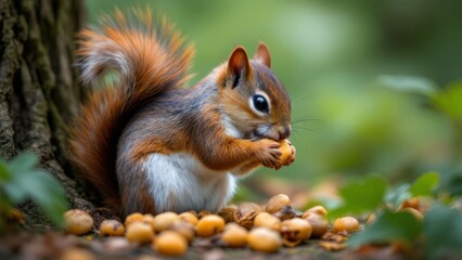 Obraz premium Squirrel Holding Nut on a Branch in Forest