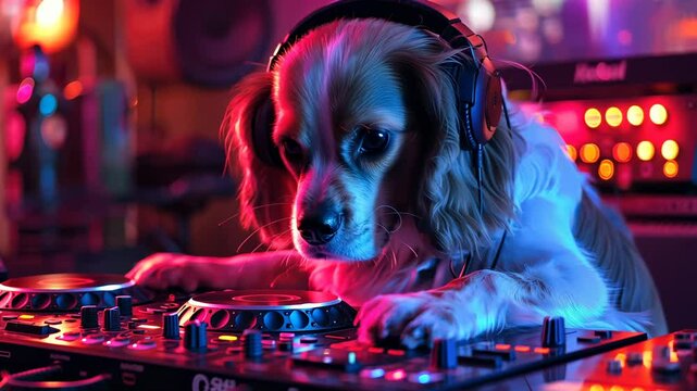 A dog wearing headphones, mixing music on a DJ console in a colorful, vibrant setting.