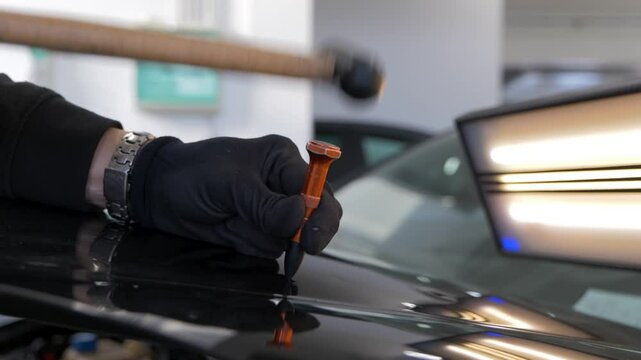 Paintless Dent Repair - 4K - Close Up - Car, Vehicle, Bodywork, Repair, Damage, Tool, Technician, Mechanic, Hand, Garage, Workshop, Automotive, Industry