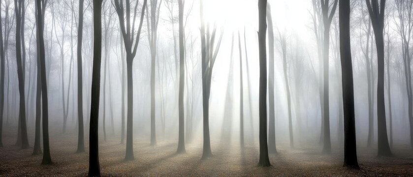 A foggy forest scene with tall, bare trees and soft light filtering through the mist, creating a mysterious and tranquil atmosphere.