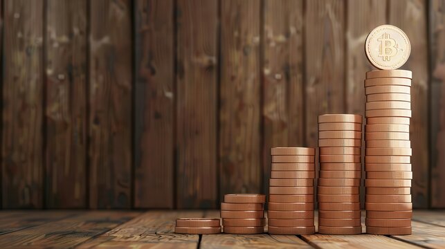 Cryptocurrency can be a hedge against inflation.A stack of coins displays an upward trend against a wooden background, symbolizing financial growth and investment opportunities.
