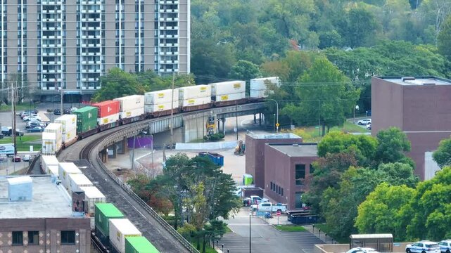 Aerial of Freight Train in Fort Wayne Downtown Skyline