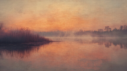 Obraz premium Tranquil morning mist over serene lake with orange sky and reflection