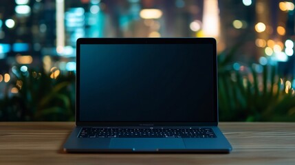 Mockup of Modern Laptop on Wooden Desk with Blurred City Backdrop