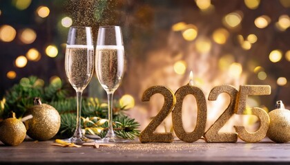 Happy New Year 2025. Warm and cozy christmas card with glowing number 2025, champagne and party