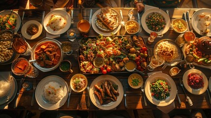 A long wooden table laden with a feast of diverse dishes, from stews and salads to grilled meats and rice.