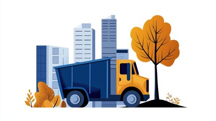 Naklejka premium Dump truck in urban environment with autumn trees